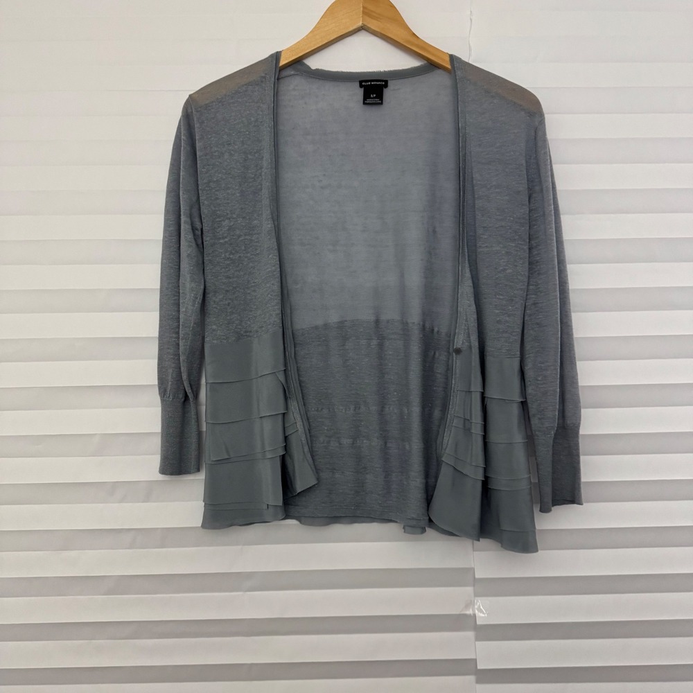 Club Monaco Grey Linen Blend Ruffle Hem Single Button Cardigan Sweater Small